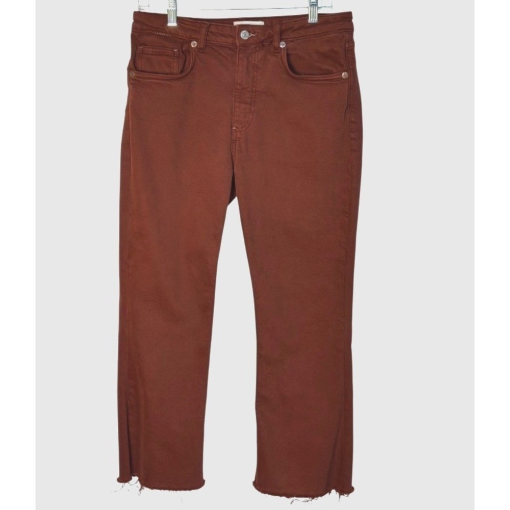 Zara Jeans Women Rust Brown High Rise Raw Hem Straight Leg Crop Autumn Utility 8